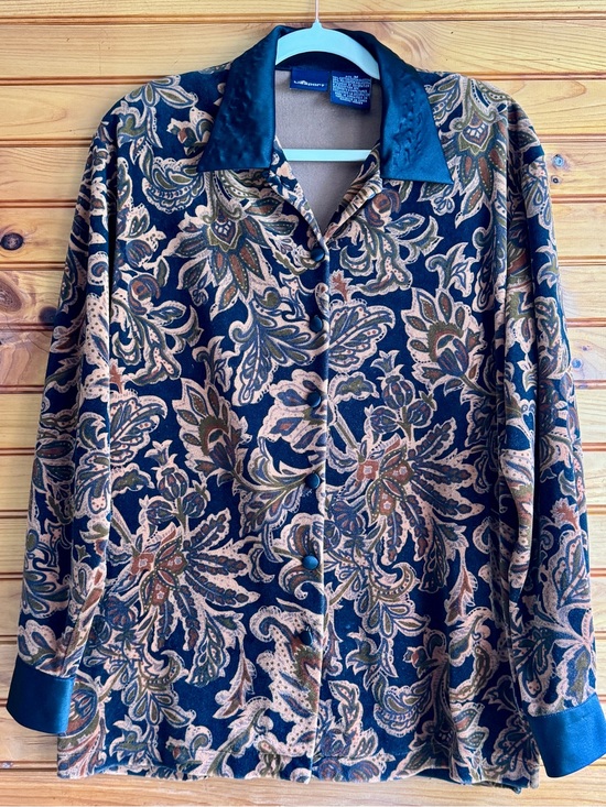 liz sport Tops - Liz Sport 90s Blouse Medium Paisley Velour Dark Academia Art Nouveau Vintage